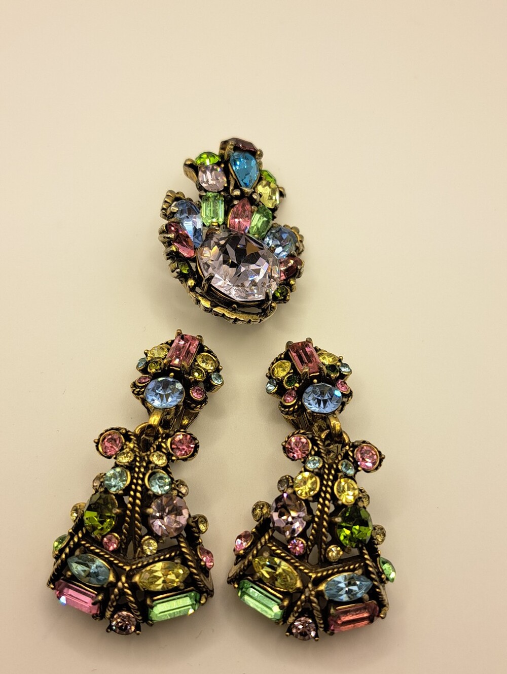 Vintage 1950s Hollycraft Pastel Multi-color Rhinestone Brooch and Clip-Ons